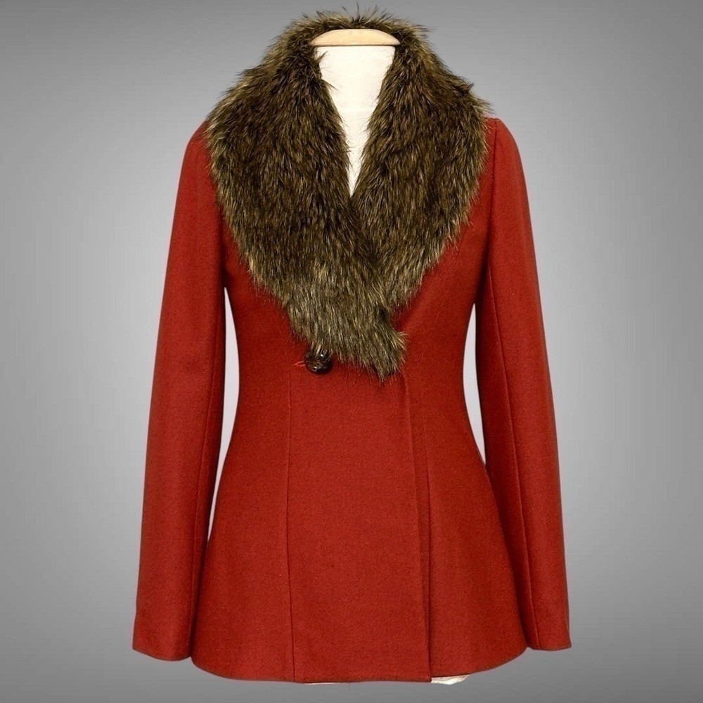 Old Money Mob Wife Womens Jacket S Burnt Orange Faux Fur Coat Retro Glam Elegant
